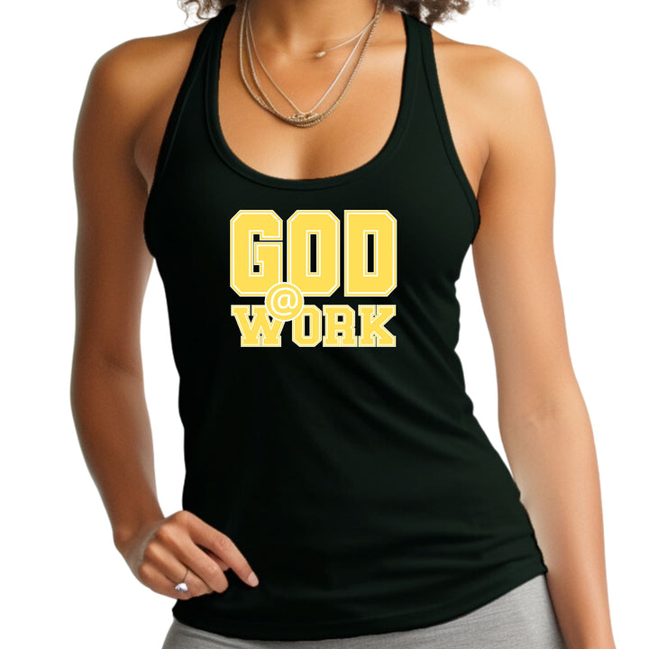 Womens Fitness Tank Top Graphic T-shirt God @ Work Yellow and White - Womens