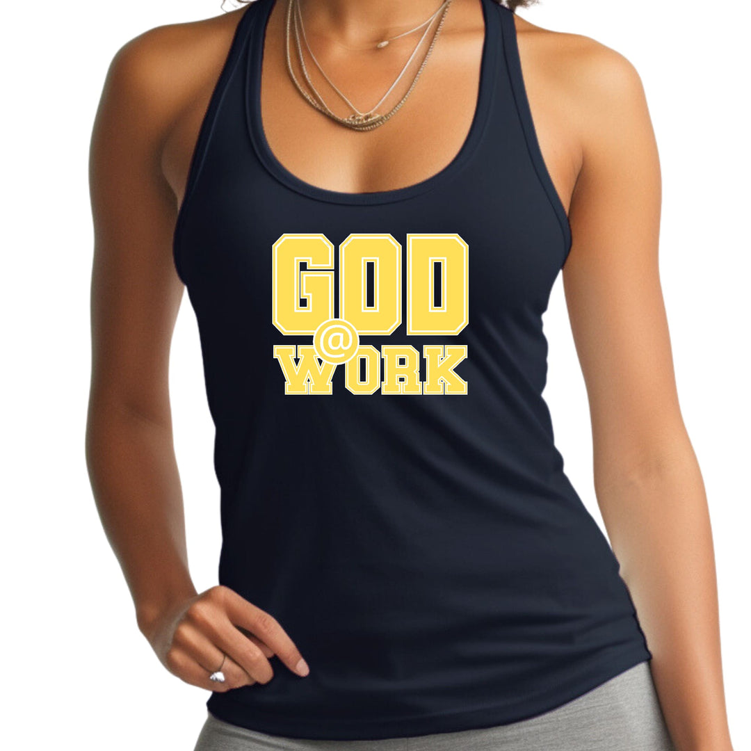 Womens Fitness Tank Top Graphic T-shirt God @ Work Yellow and White - Womens