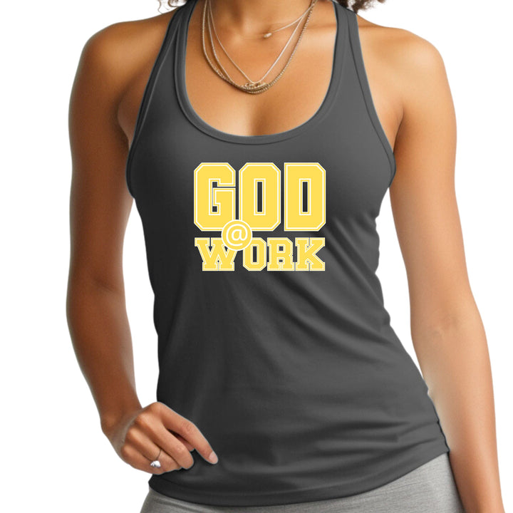 Womens Fitness Tank Top Graphic T-shirt God @ Work Yellow and White - Womens