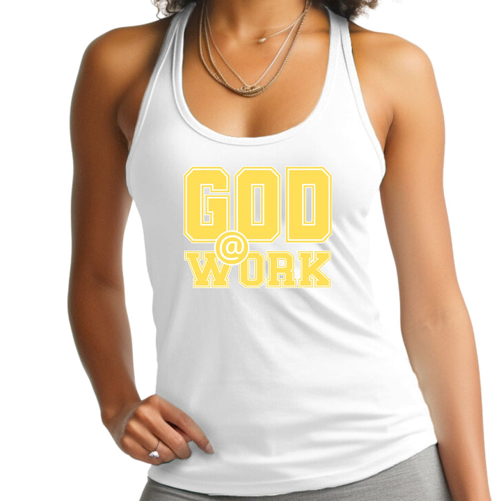 Womens Fitness Tank Top Graphic T-shirt God @ Work Yellow and White - Womens