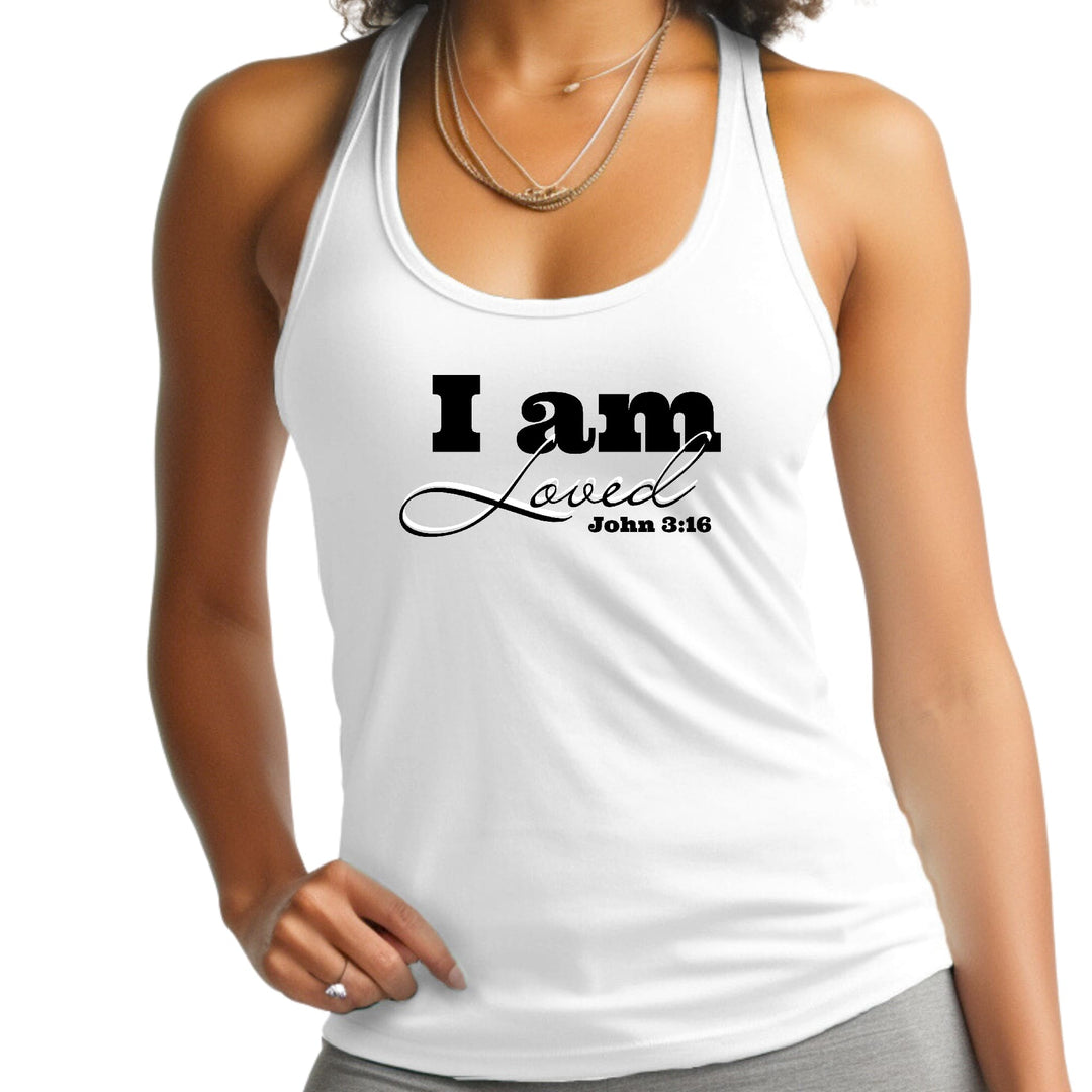 Womens Fitness Tank Top Graphic T-shirt i am Loved - John 3:16 Black - Womens