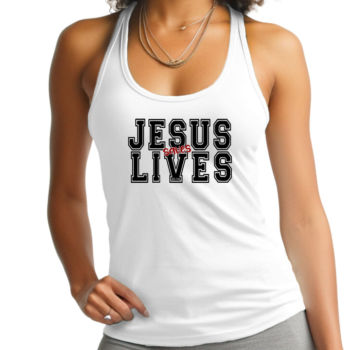 Womens Fitness Tank Top Graphic T-shirt Jesus Saves Lives Black Red - Womens