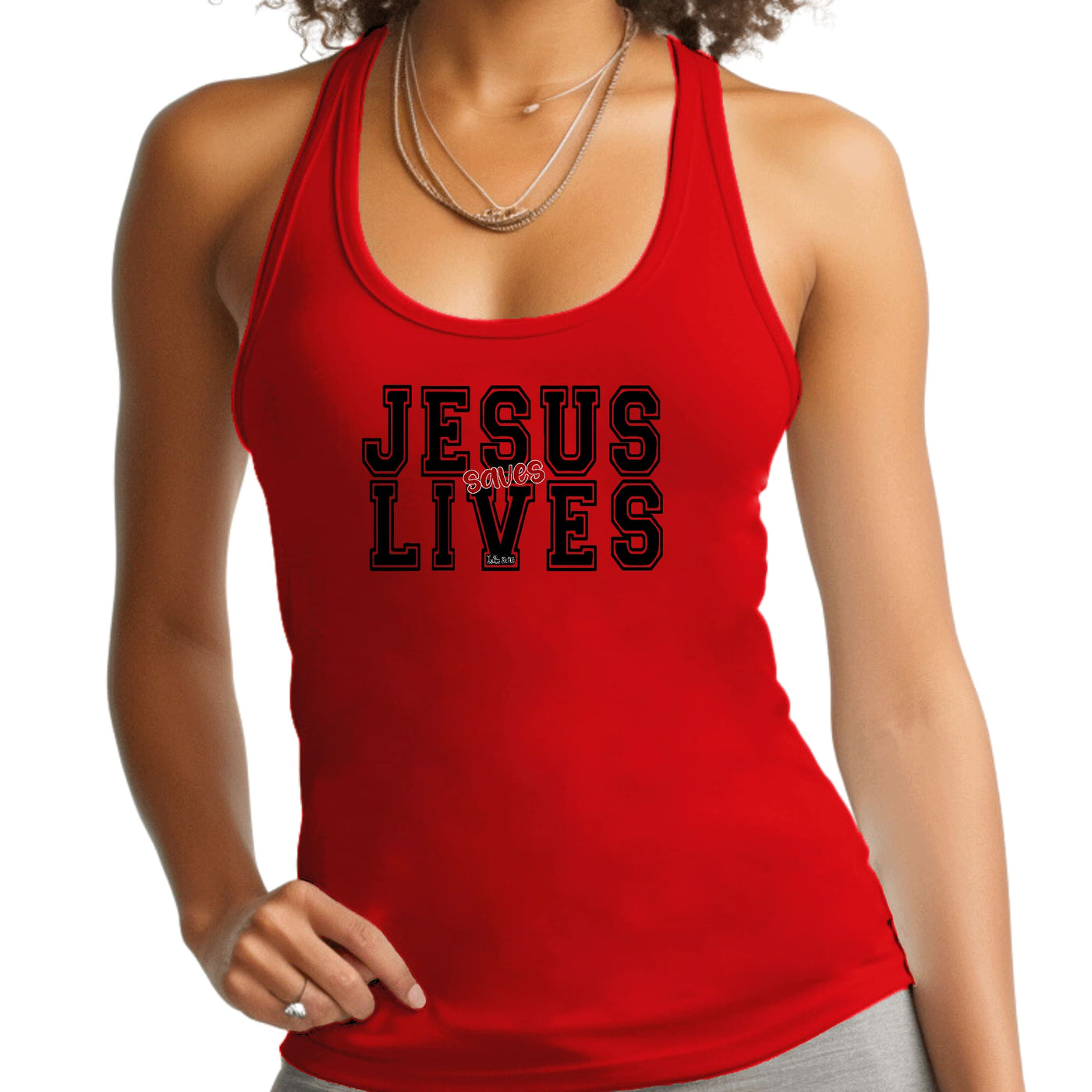 Womens Fitness Tank Top Graphic T-shirt Jesus Saves Lives Black Red - Womens
