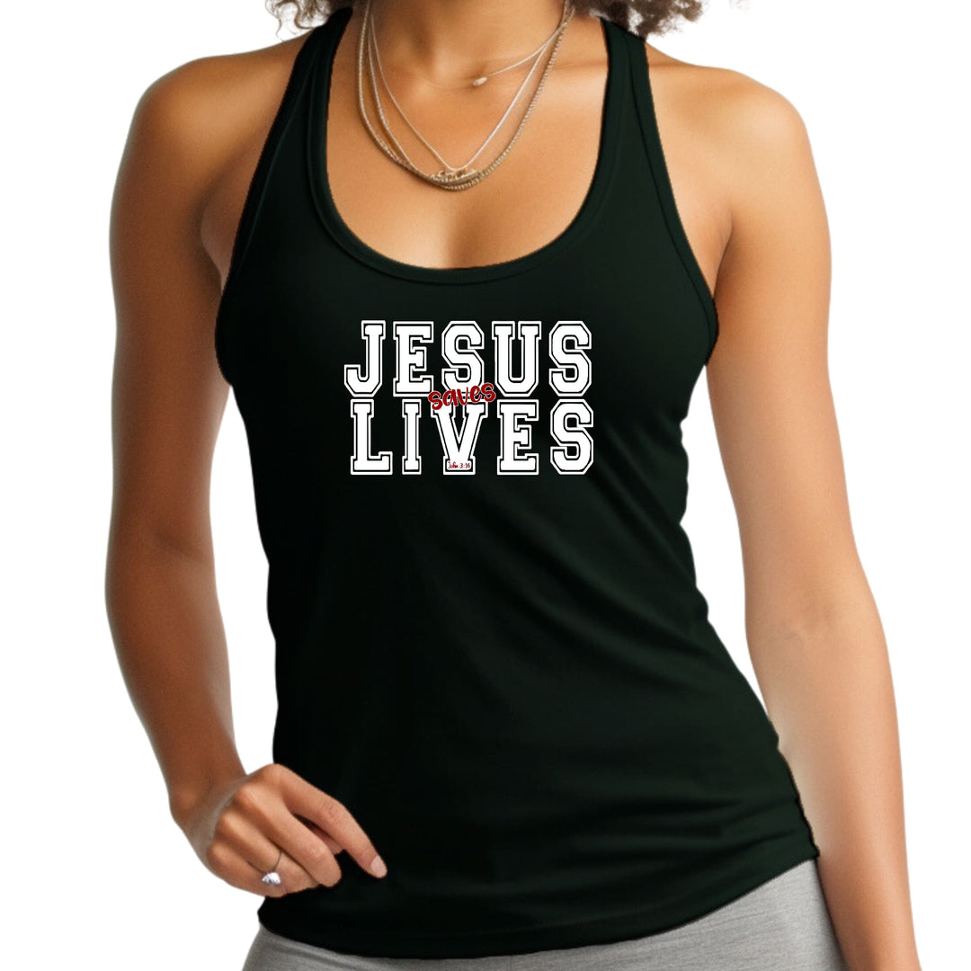 Womens Fitness Tank Top Graphic T-shirt Jesus Saves Lives White Red - Womens