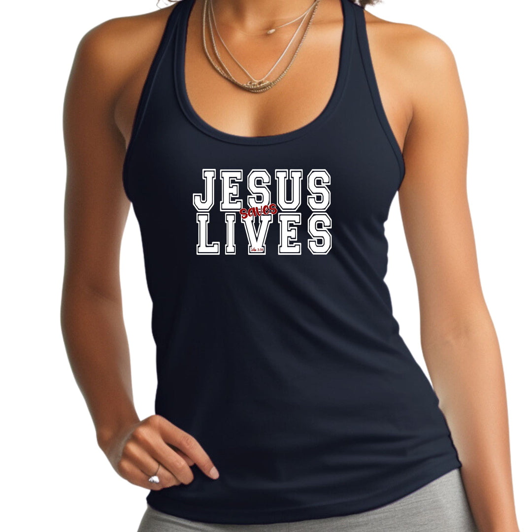 Womens Fitness Tank Top Graphic T-shirt Jesus Saves Lives White Red - Womens