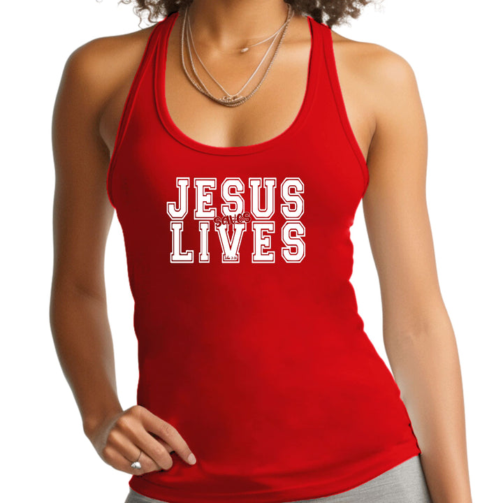 Womens Fitness Tank Top Graphic T-shirt Jesus Saves Lives White Red - Womens