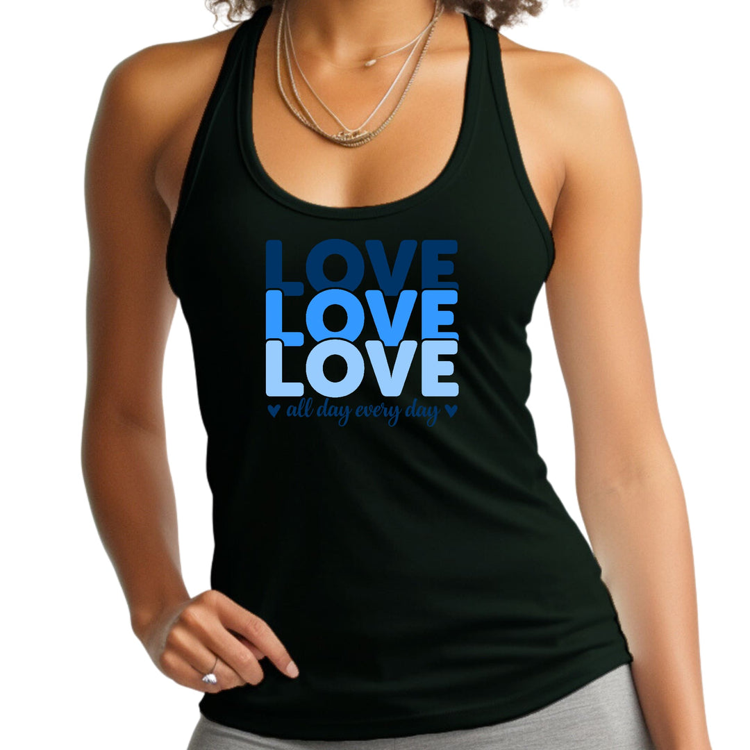 Womens Fitness Tank Top Graphic T-shirt Love All Day Every Day Blue - Womens