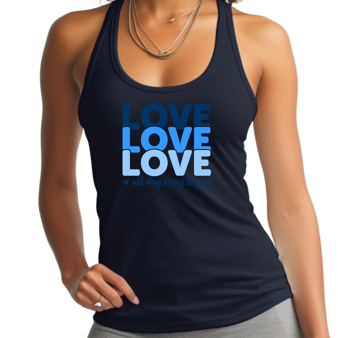 Womens Fitness Tank Top Graphic T-shirt Love All Day Every Day Blue - Womens