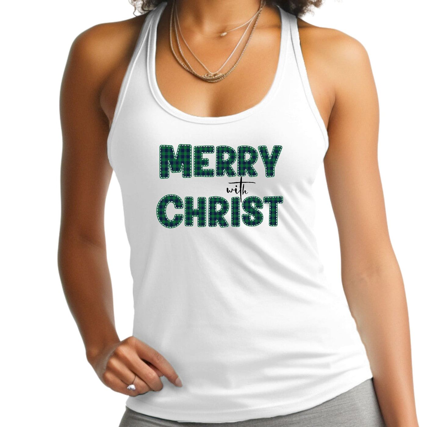 Womens Fitness Tank Top Graphic T-shirt Merry With Christ Green - Womens | Tank