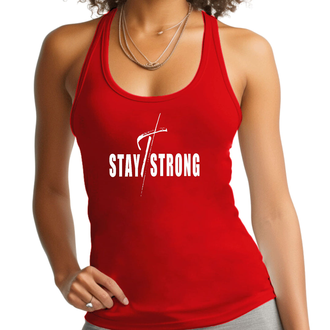 Womens Fitness Tank Top Graphic T-shirt Stay Strong with Cross White - Womens