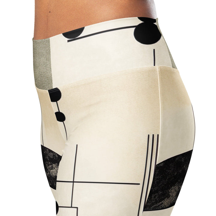 Womens Flare Leggings - Abstract Black Beige Brown Geometric Shapes