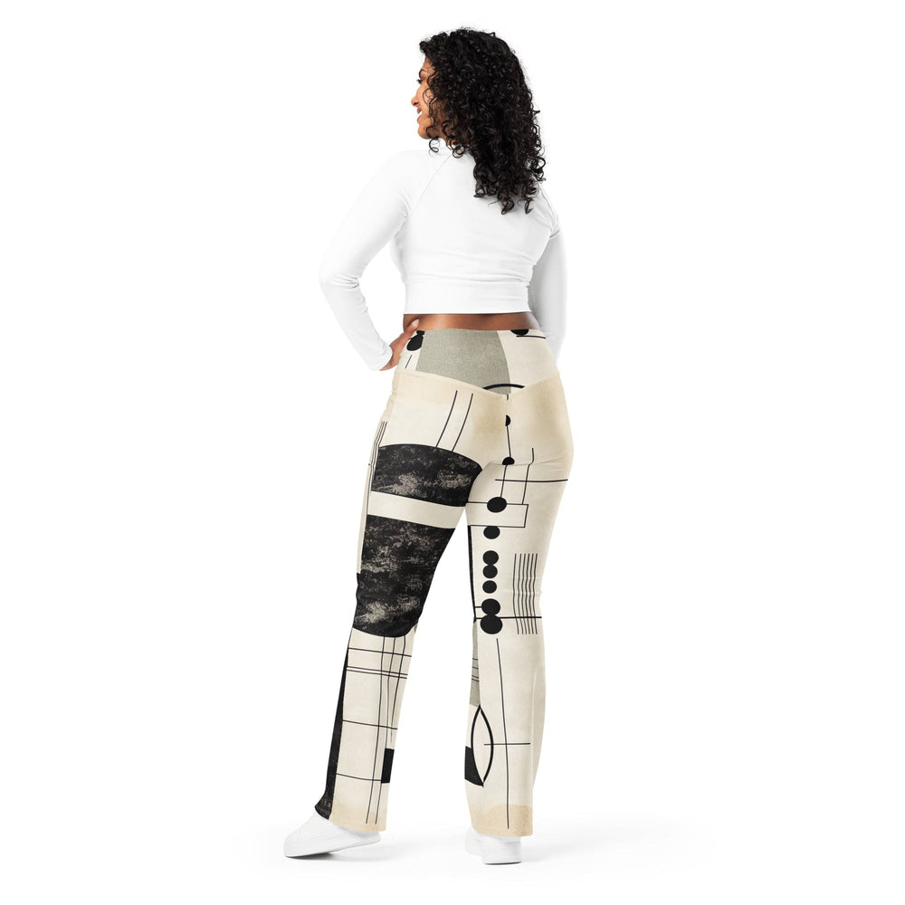 Womens Flare Leggings - Abstract Black Beige Brown Geometric Shapes