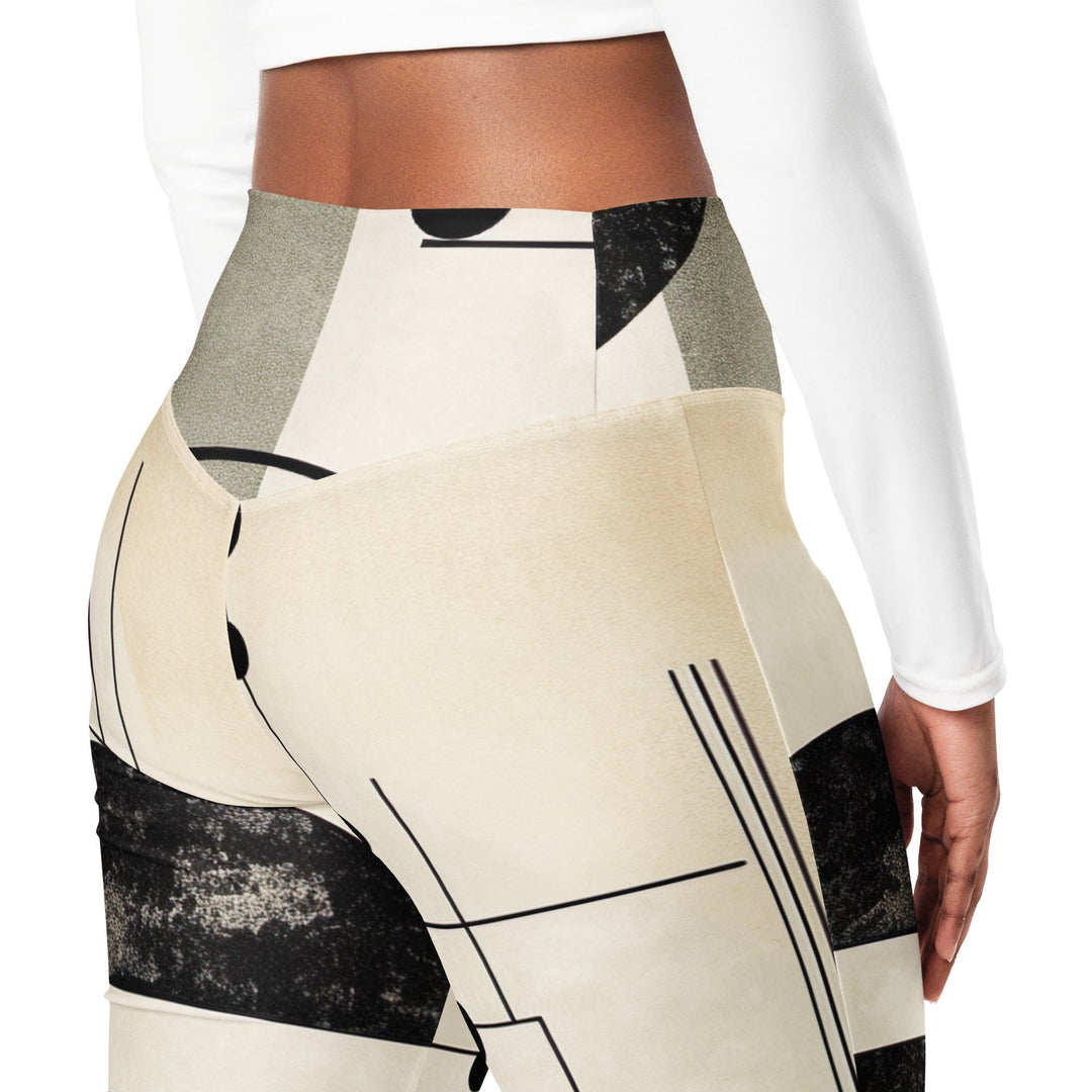 Womens Flare Leggings - Abstract Black Beige Brown Geometric Shapes
