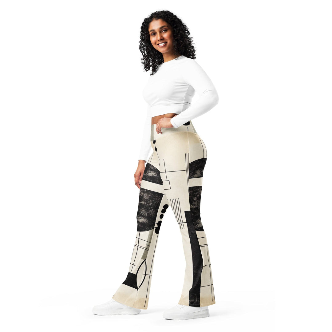 Womens Flare Leggings - Abstract Black Beige Brown Geometric Shapes