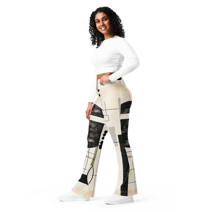 Womens Flare Leggings - Abstract Black Beige Brown Geometric Shapes