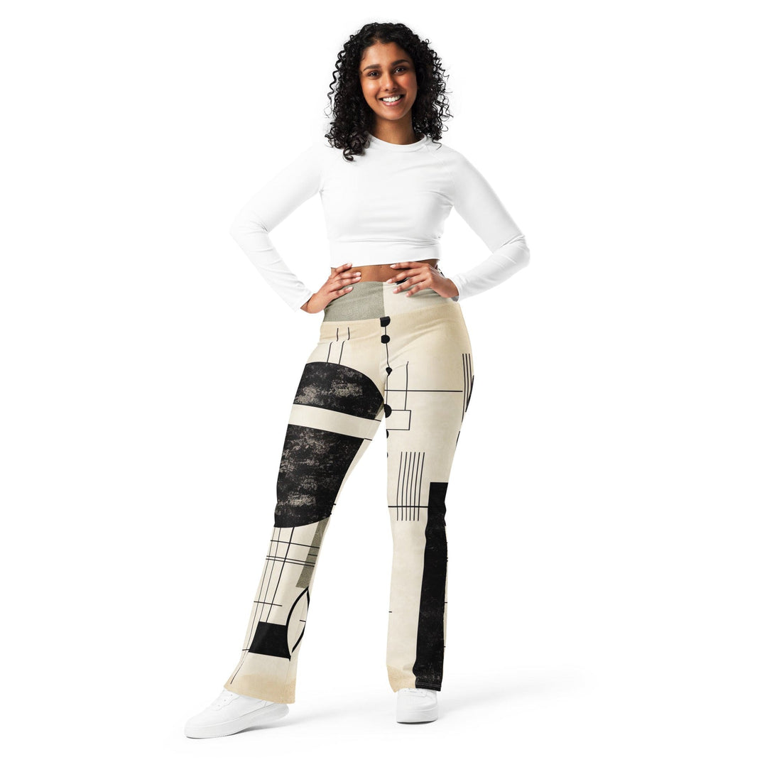 Womens Flare Leggings - Abstract Black Beige Brown Geometric Shapes