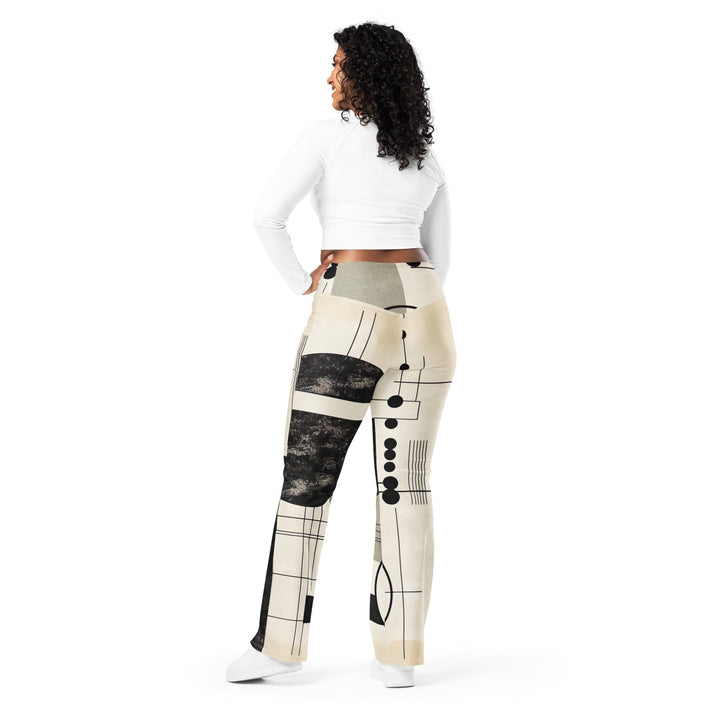 Womens Flare Leggings - Abstract Black Beige Brown Geometric Shapes
