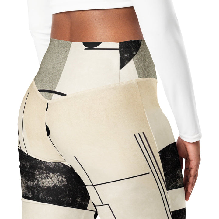 Womens Flare Leggings - Abstract Black Beige Brown Geometric Shapes