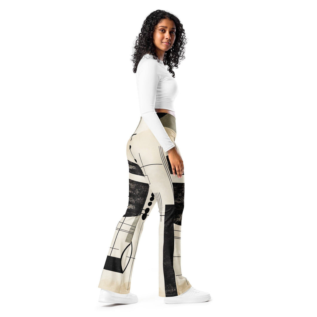Womens Flare Leggings - Abstract Black Beige Brown Geometric Shapes
