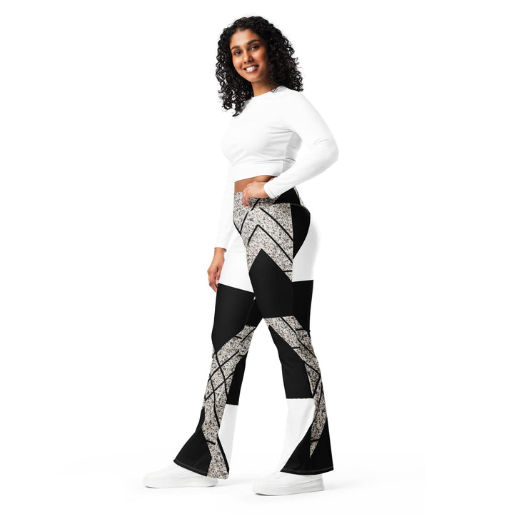 Womens Flare Leggings - Black and White Triangular Colorblock