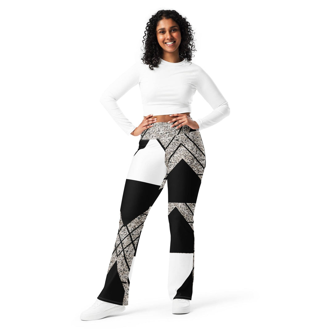 Womens Flare Leggings - Black and White Triangular Colorblock