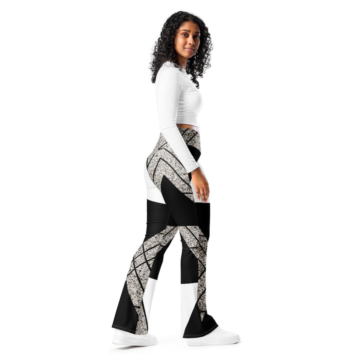 Womens Flare Leggings - Black and White Triangular Colorblock