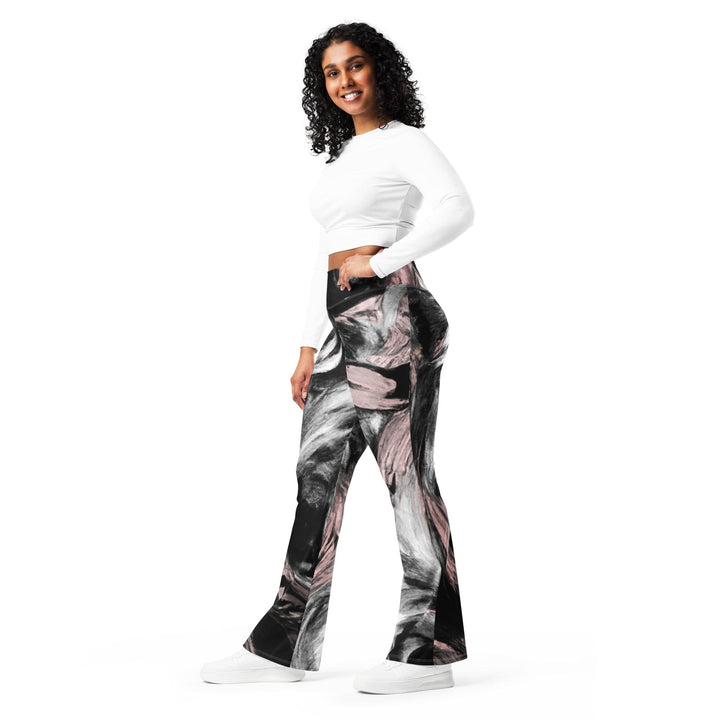 Womens Flare Leggings - Black Pink White Abstract Pattern
