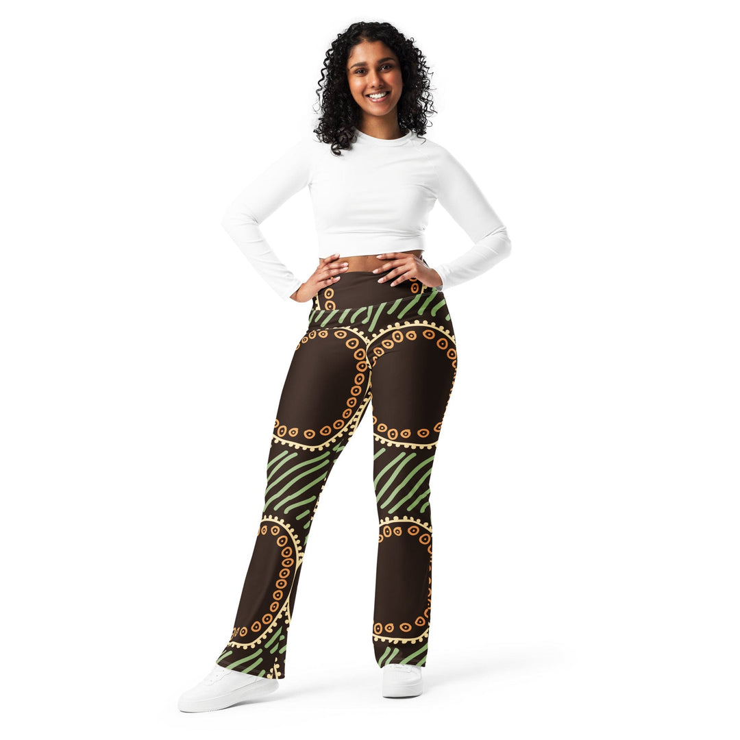 Womens Flare Leggings - Brown Green Geometric Lines