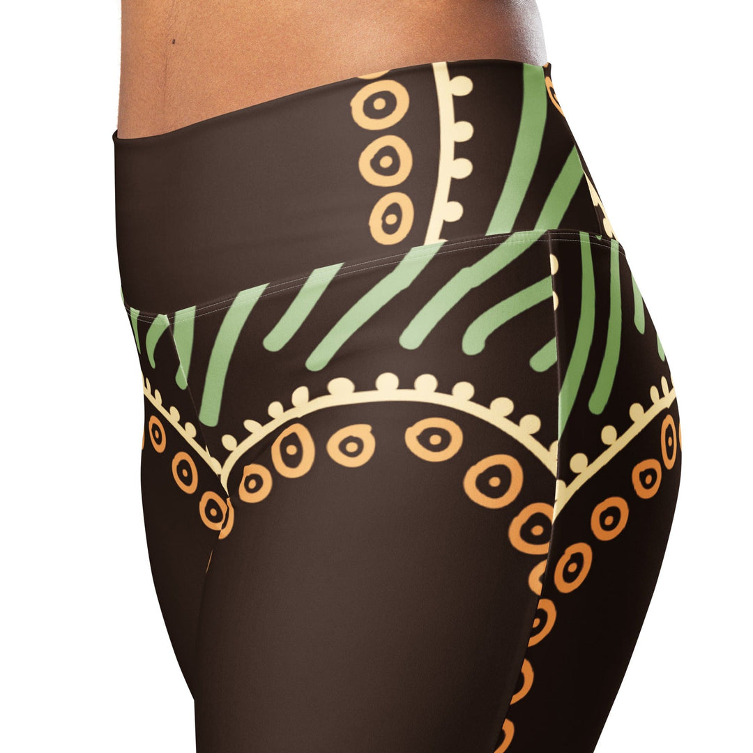 Womens Flare Leggings - Brown Green Geometric Lines