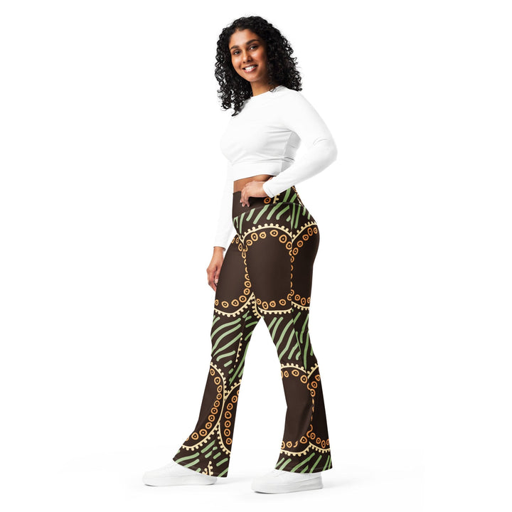 Womens Flare Leggings - Brown Green Geometric Lines