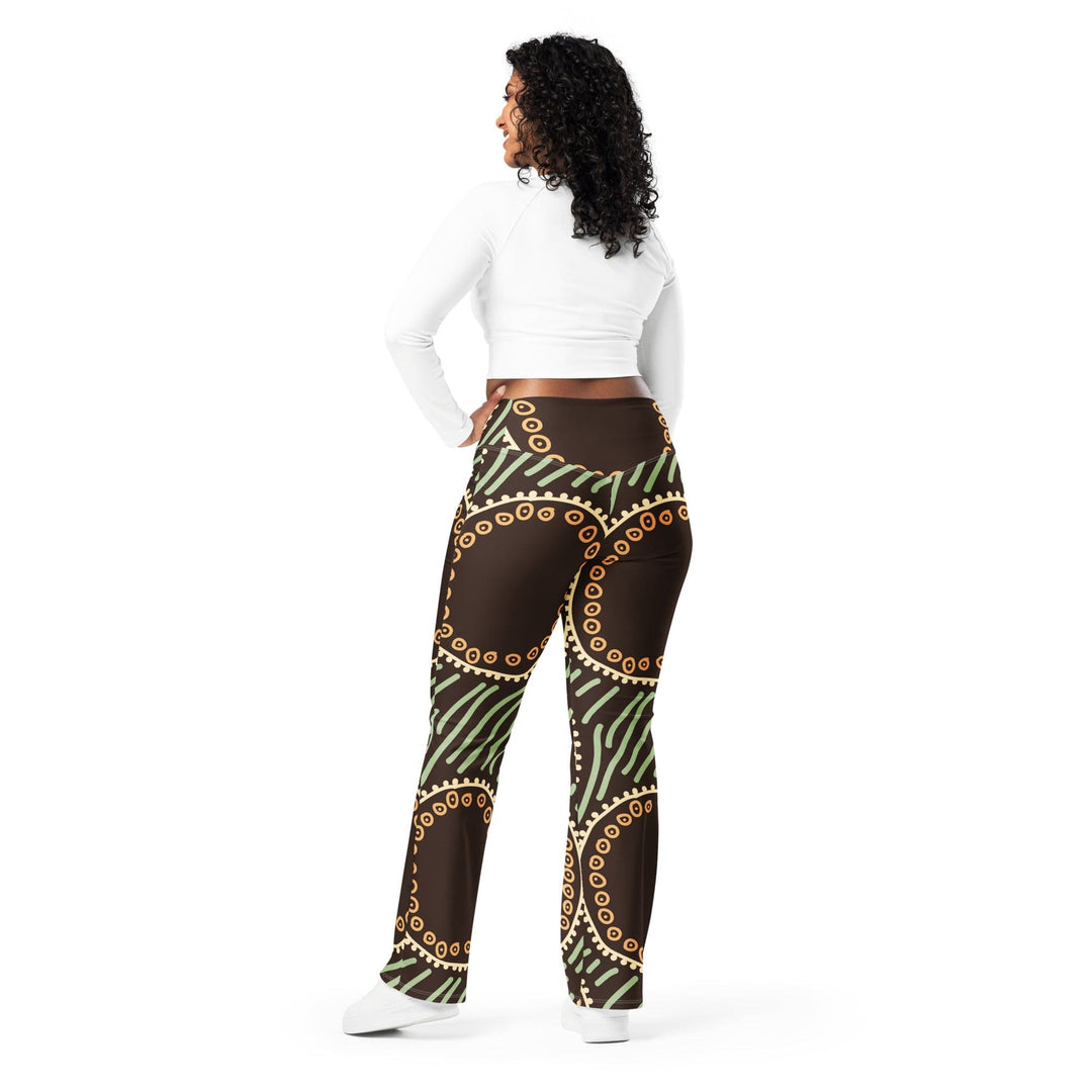 Womens Flare Leggings - Brown Green Geometric Lines