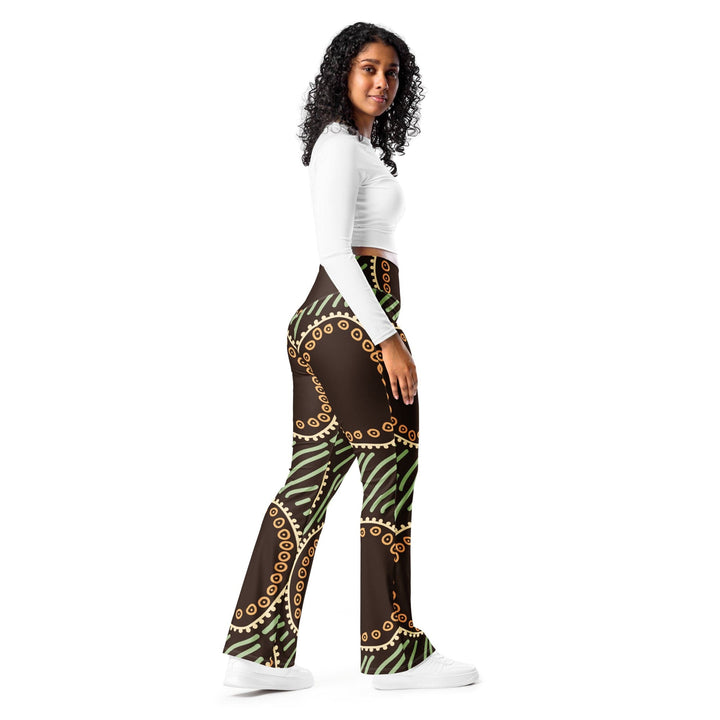 Womens Flare Leggings - Brown Green Geometric Lines