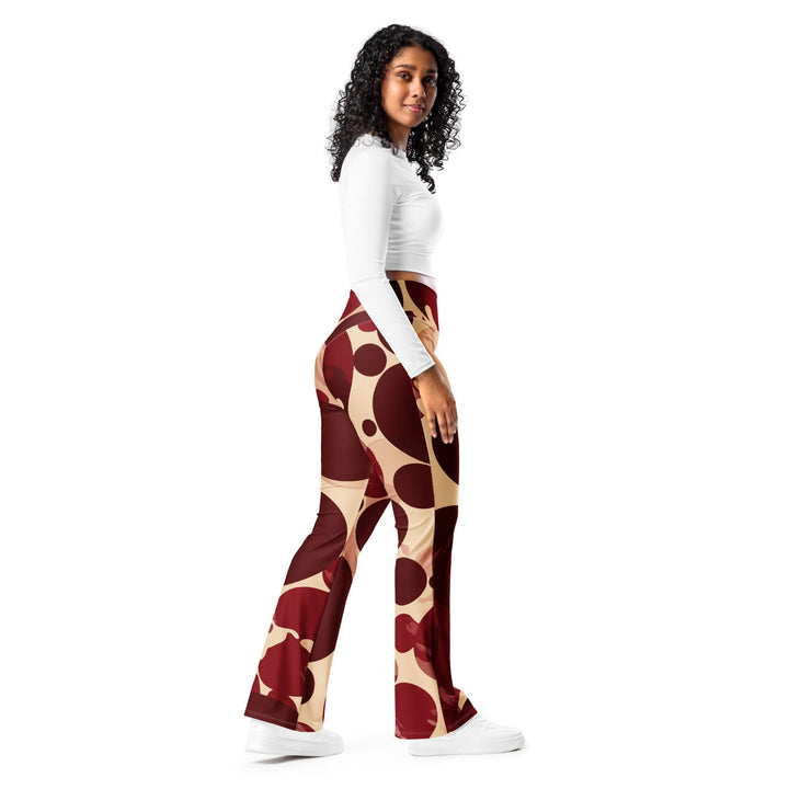 Womens Flare Leggings - Burgundy Beige Circular Print