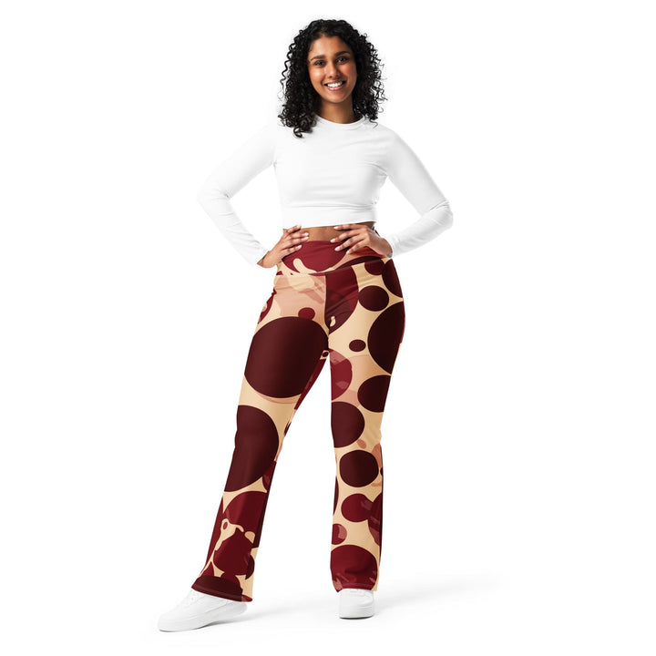 Womens Flare Leggings - Burgundy Beige Circular Print