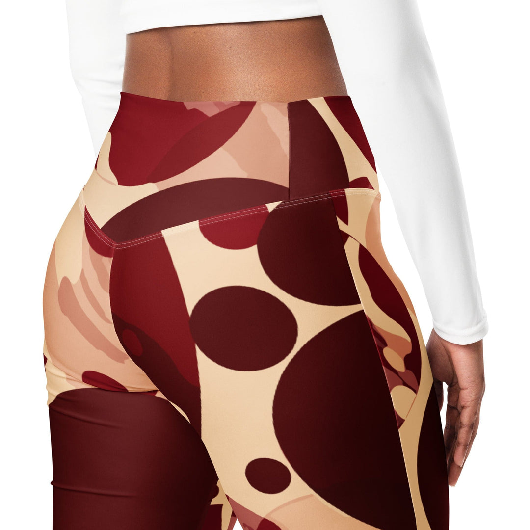 Womens Flare Leggings - Burgundy Beige Circular Print