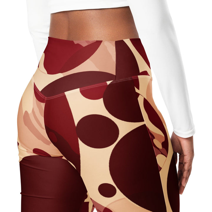 Womens Flare Leggings - Burgundy Beige Circular Print