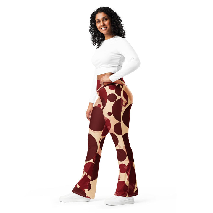 Womens Flare Leggings - Burgundy Beige Circular Print