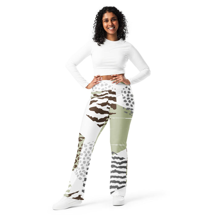 Womens Flare Leggings - Brown Green Grey Geometric Hexagon Print