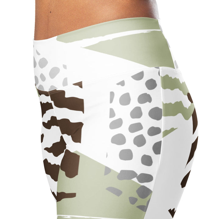 Womens Flare Leggings - Brown Green Grey Geometric Hexagon Print