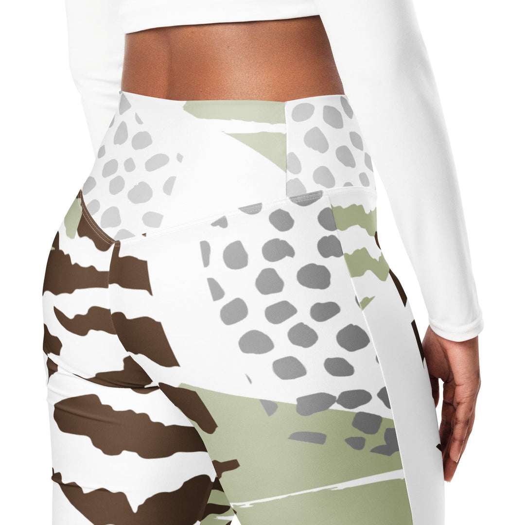 Womens Flare Leggings - Brown Green Grey Geometric Hexagon Print