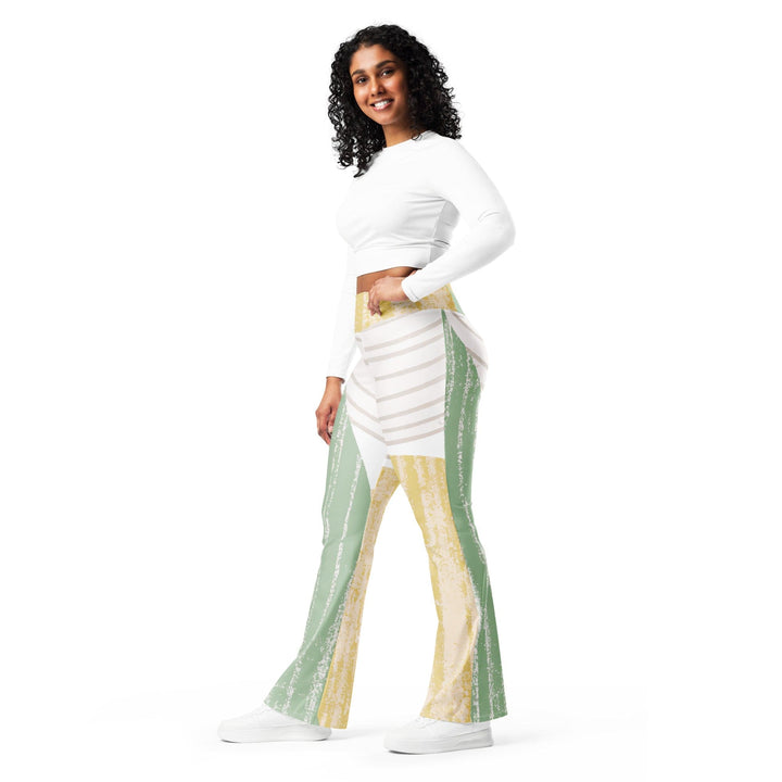 Womens Flare Leggings - Green Textured Boho Pattern