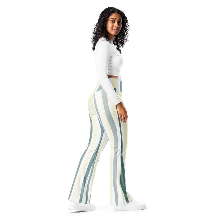 Womens Flare Leggings - Green Yellow Geometric Lines