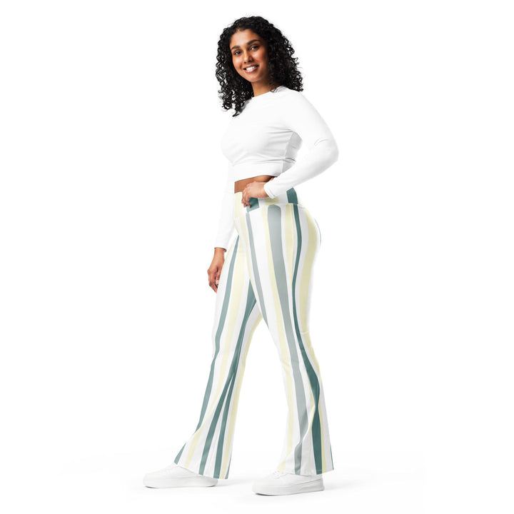 Womens Flare Leggings - Green Yellow Geometric Lines