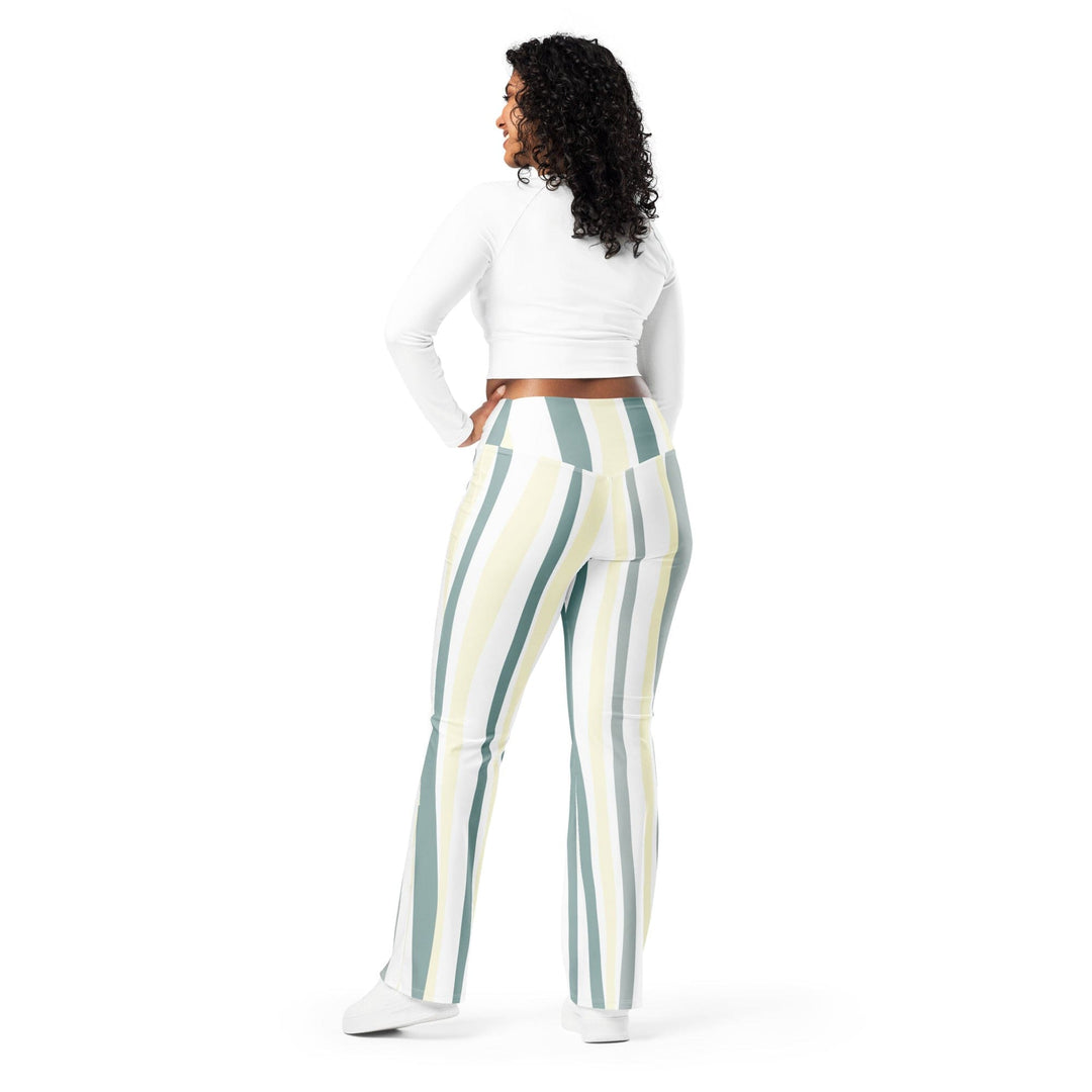Womens Flare Leggings - Green Yellow Geometric Lines