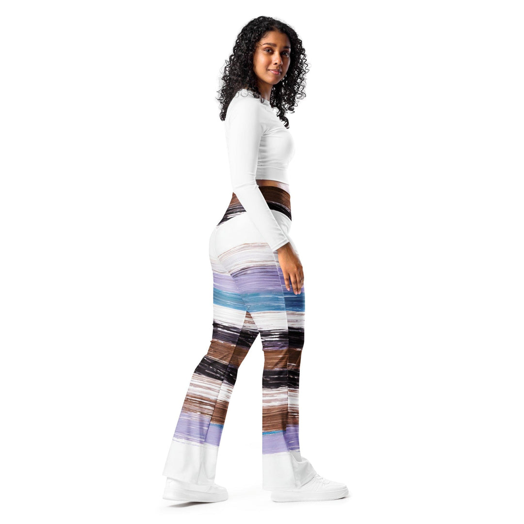 Womens Flare Leggings - Lavender Black Brown Rustic Pattern