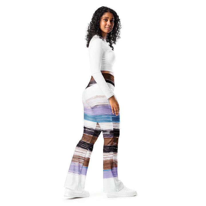 Womens Flare Leggings - Lavender Black Brown Rustic Pattern