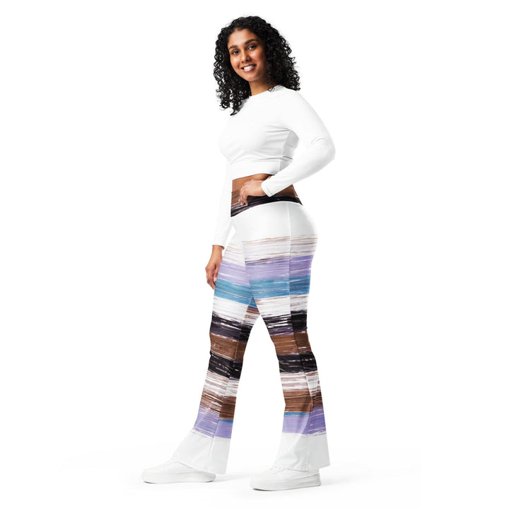 Womens Flare Leggings - Lavender Black Brown Rustic Pattern