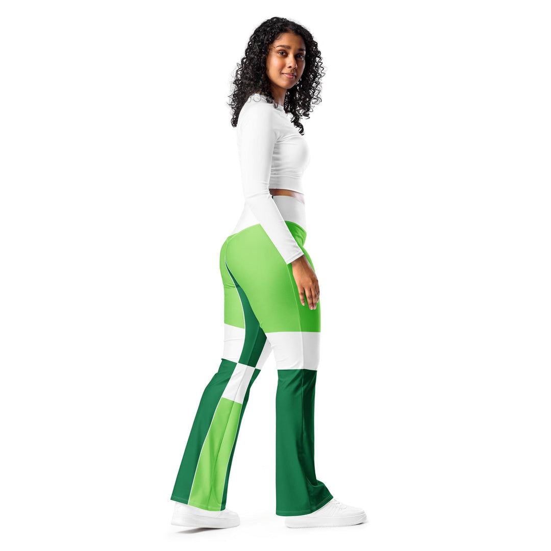 Womens Flare Leggings - Green White Colorblock Grid Lines