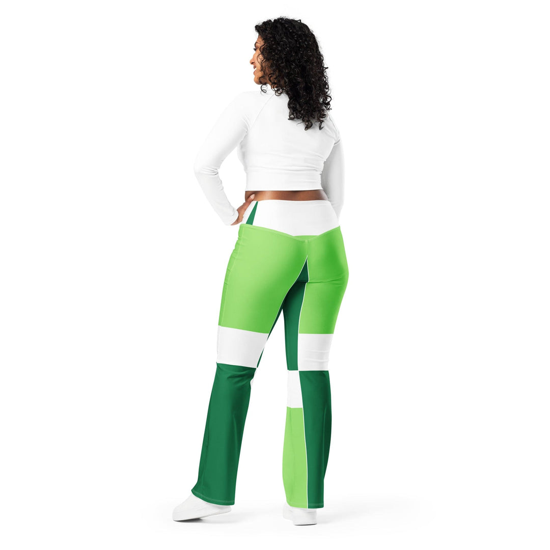 Womens Flare Leggings - Green White Colorblock Grid Lines