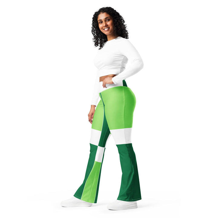 Womens Flare Leggings - Green White Colorblock Grid Lines